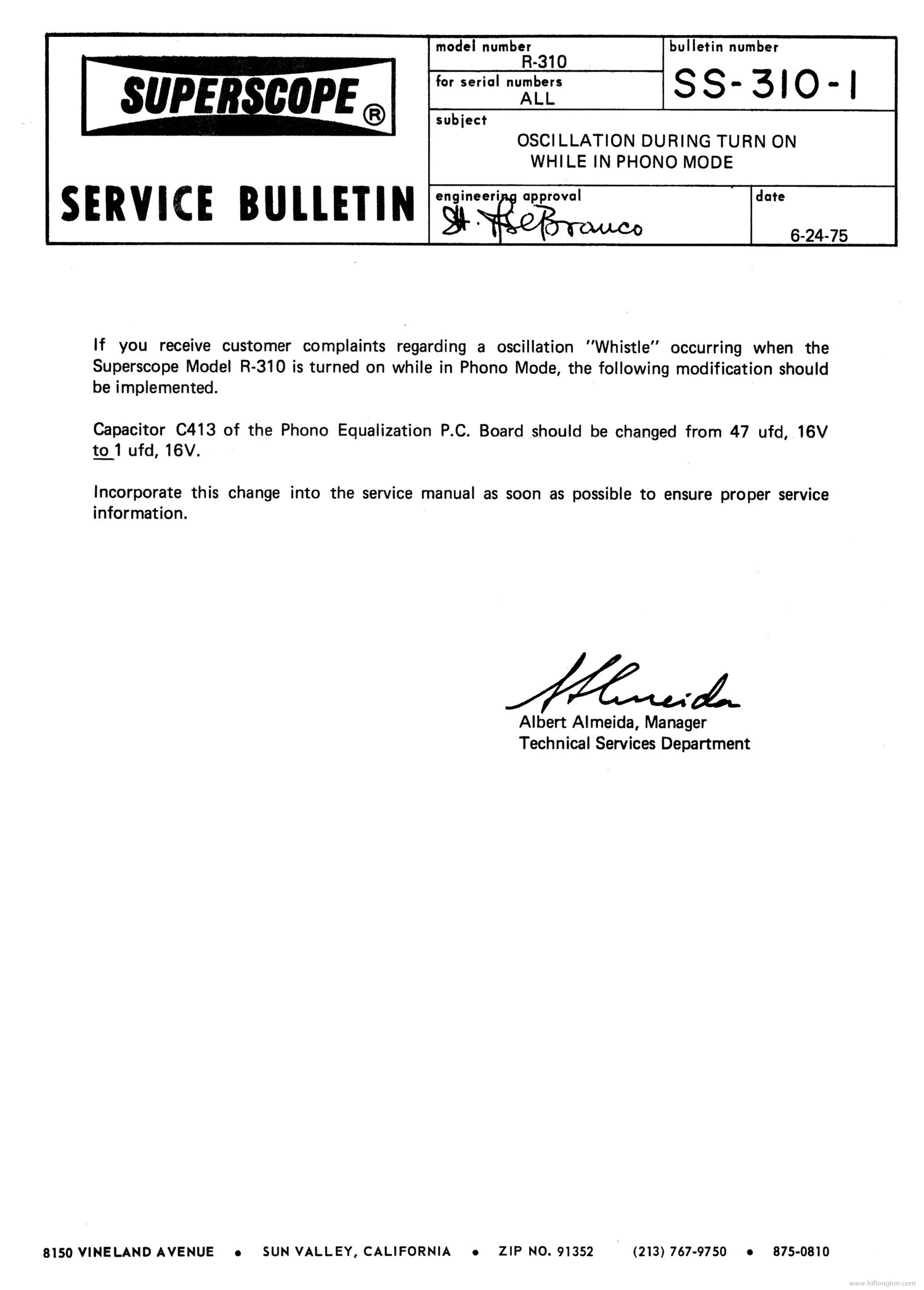 Superscope R 310 Service Bulletin SS 310 1
