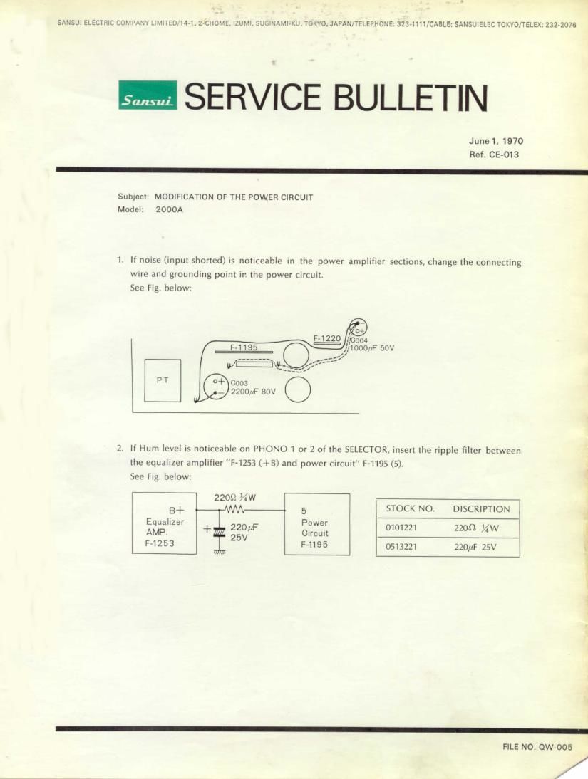 Sansui 2000A Service Bulletin