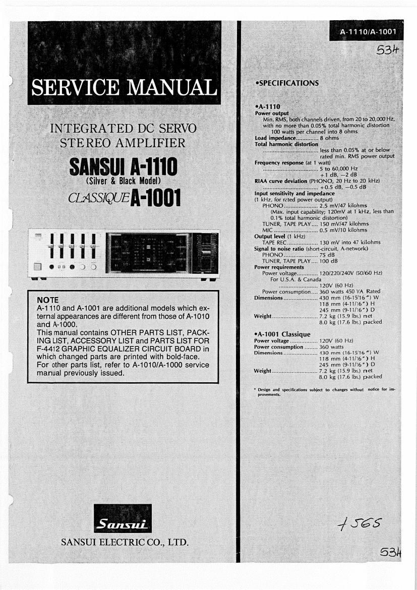 Sansui A 1001 Service Manual
