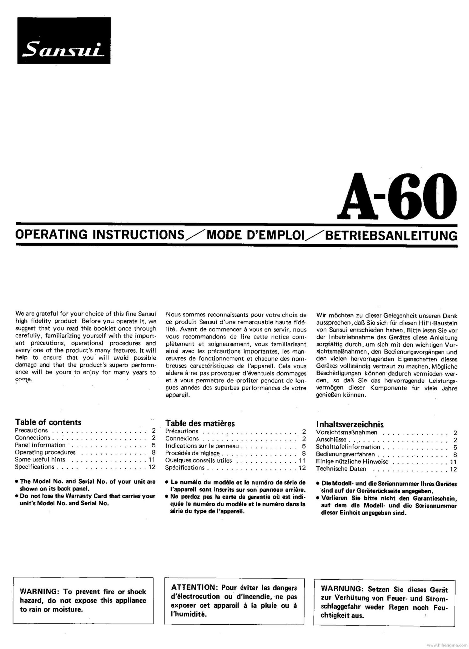 Sansui A 60 Owners Manual