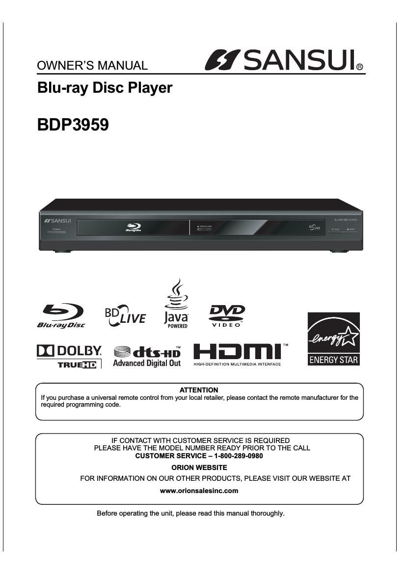 Sansui BDP 3959 Owners Manual