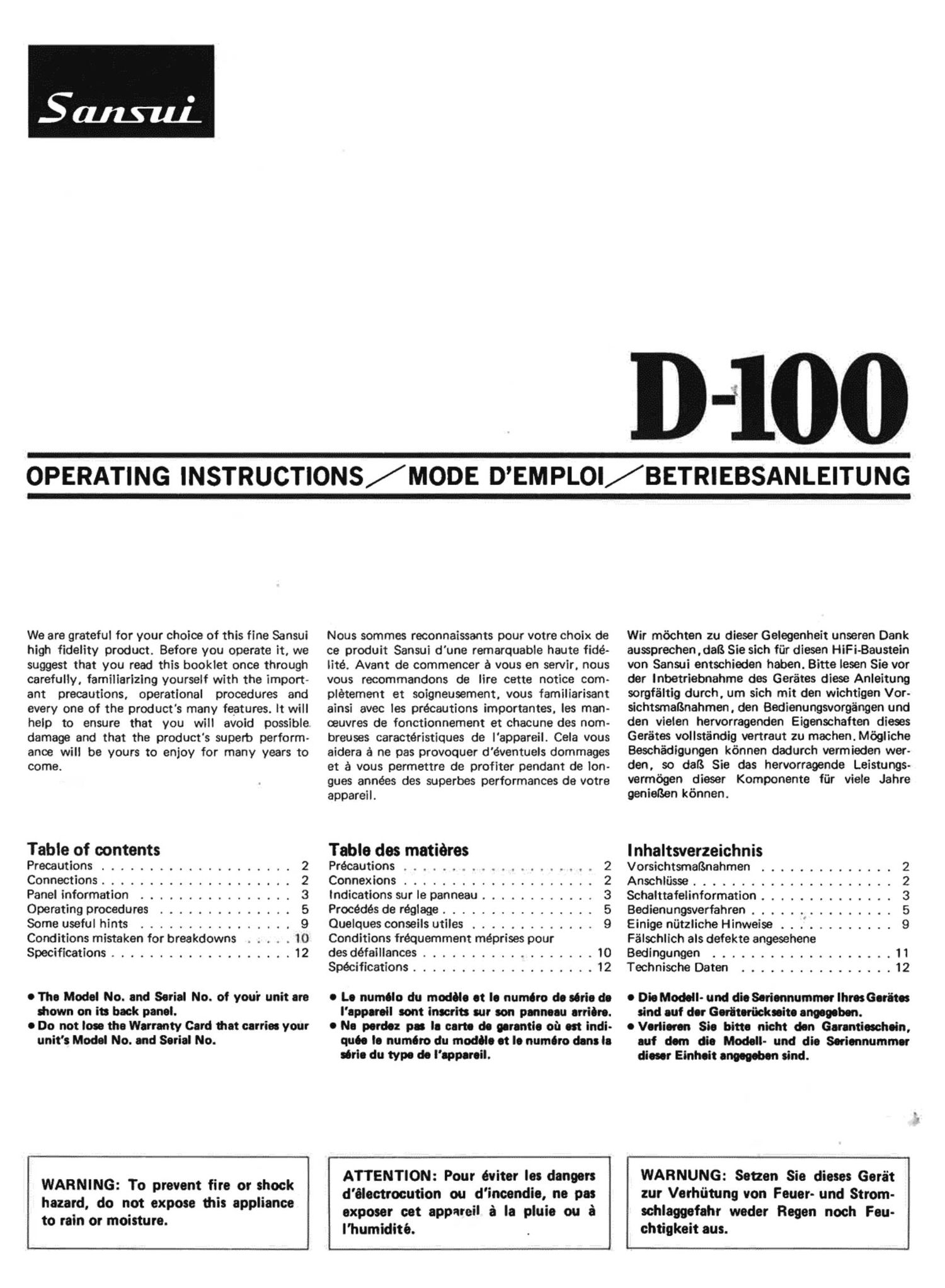 Sansui D 100 Owners Manual