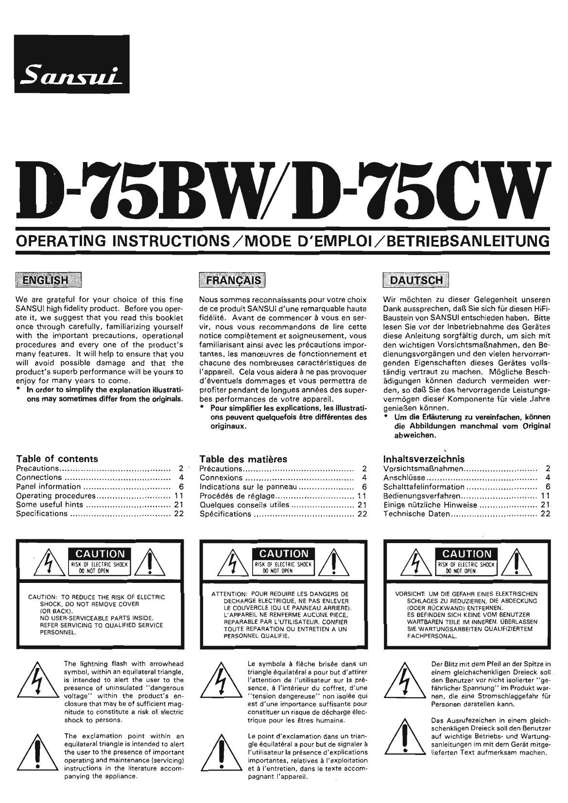Sansui D 75BW Owners Manual