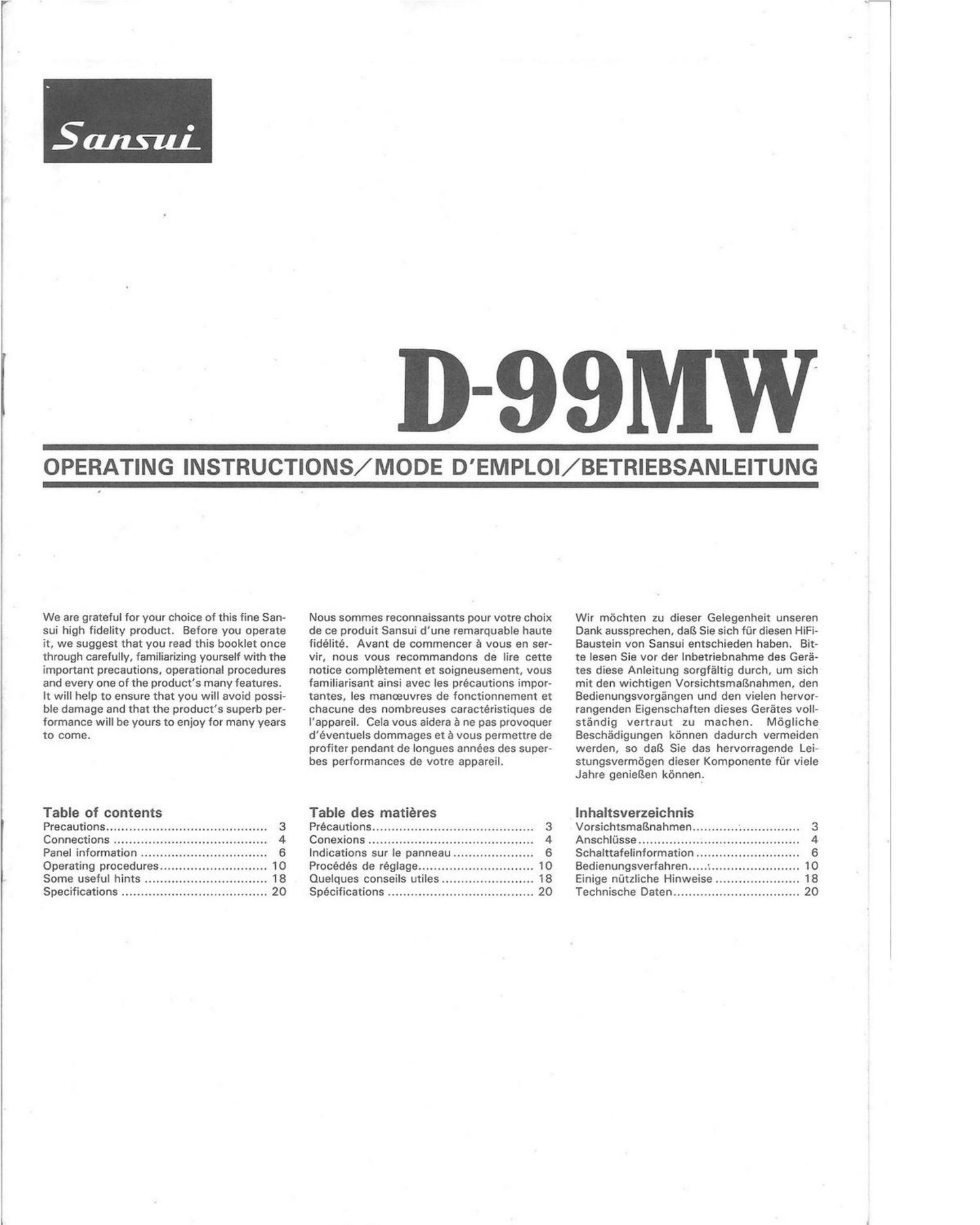 Sansui D 99MW Owners Manual