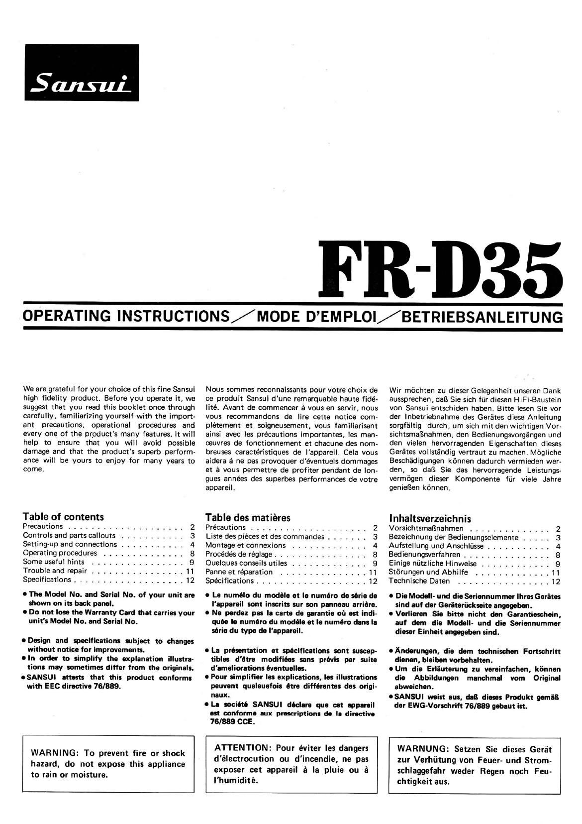 Sansui FR D35 Owners Manual