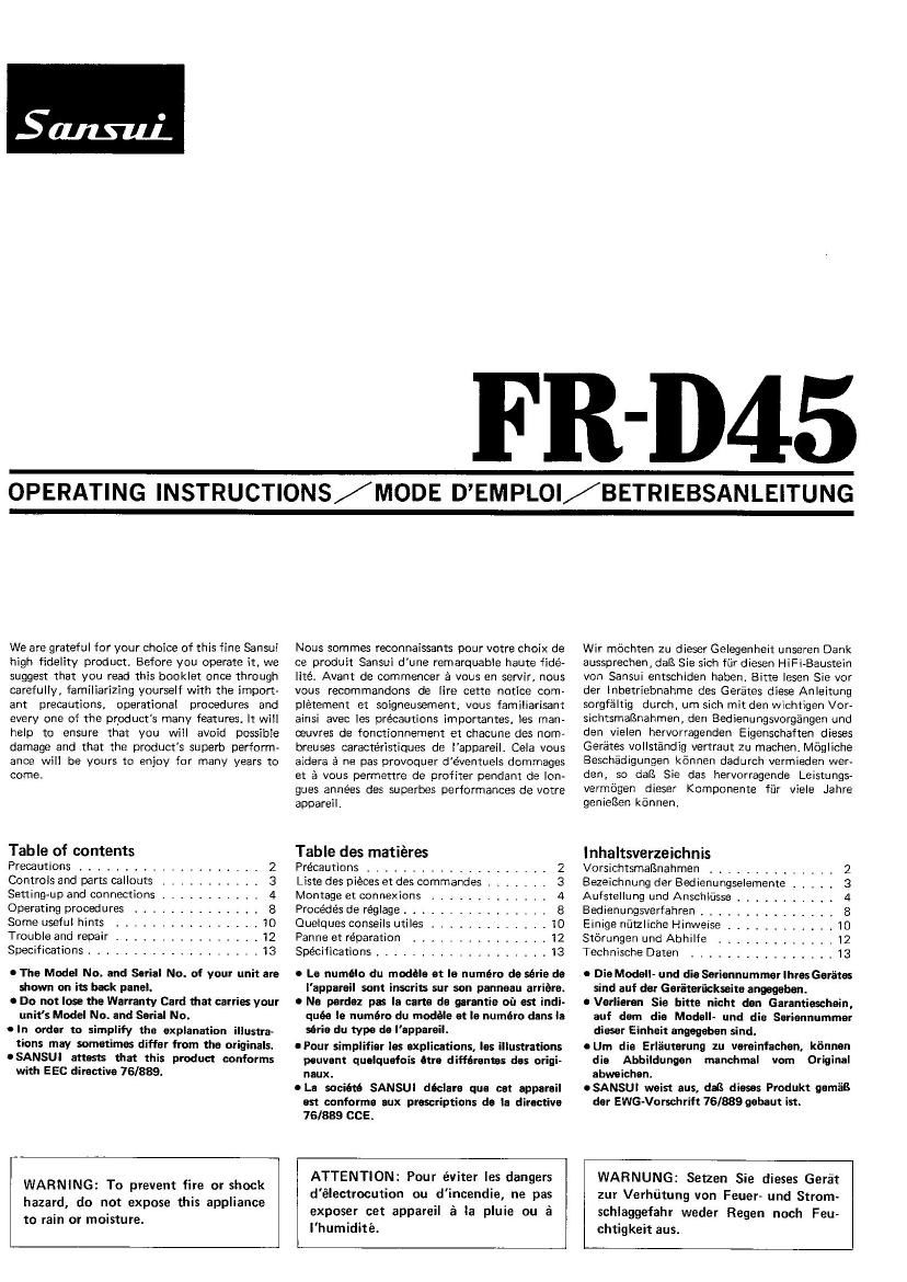 Sansui FR D45 Owners Manual