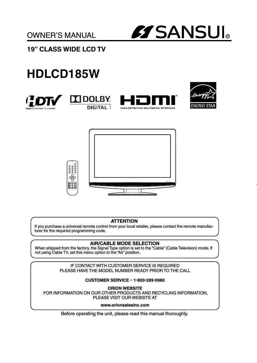 Sansui HD LCD 185W Owners Manual