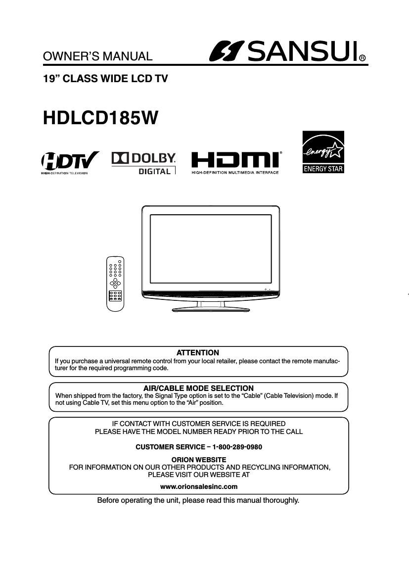 Sansui HD LCD 185W Owners Manual