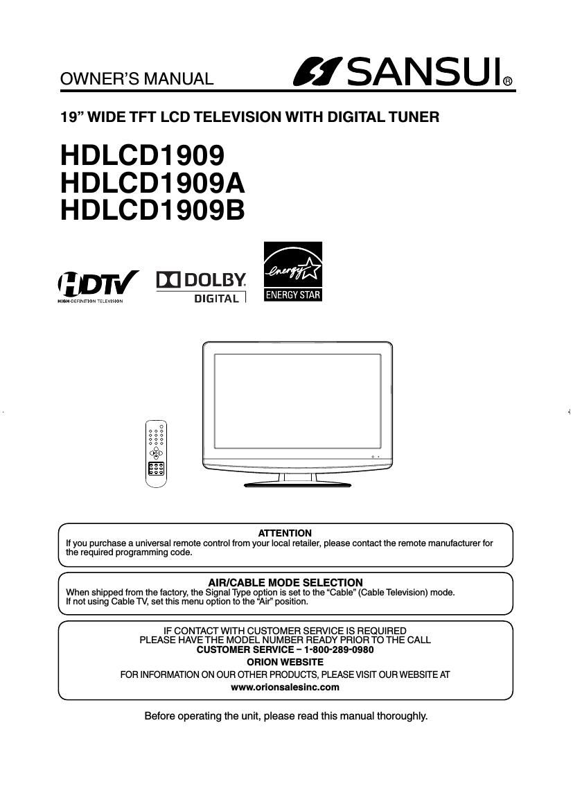 Sansui HD LCD 1909B Owners Manual