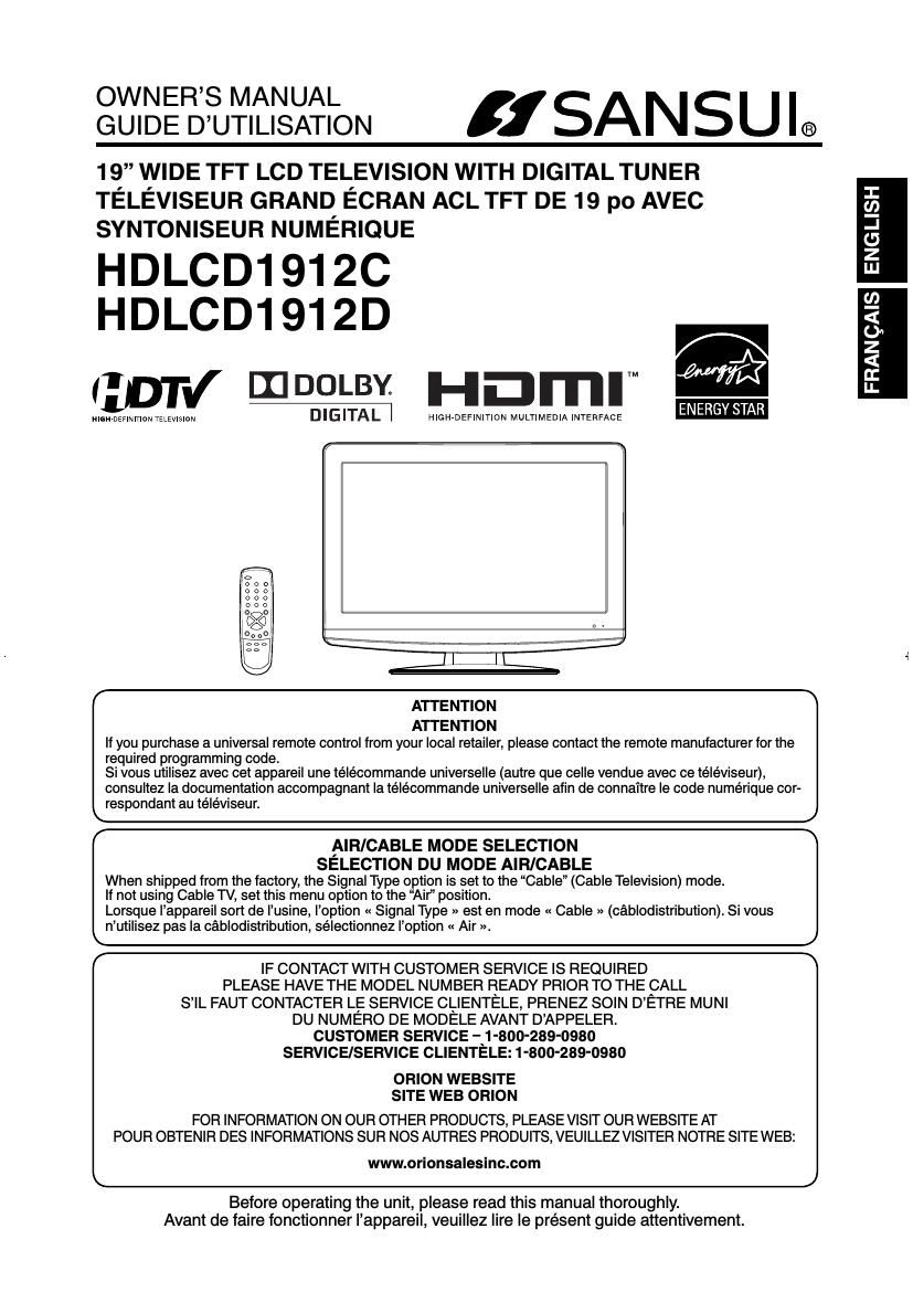 Sansui HD LCD 1912D Owners Manual