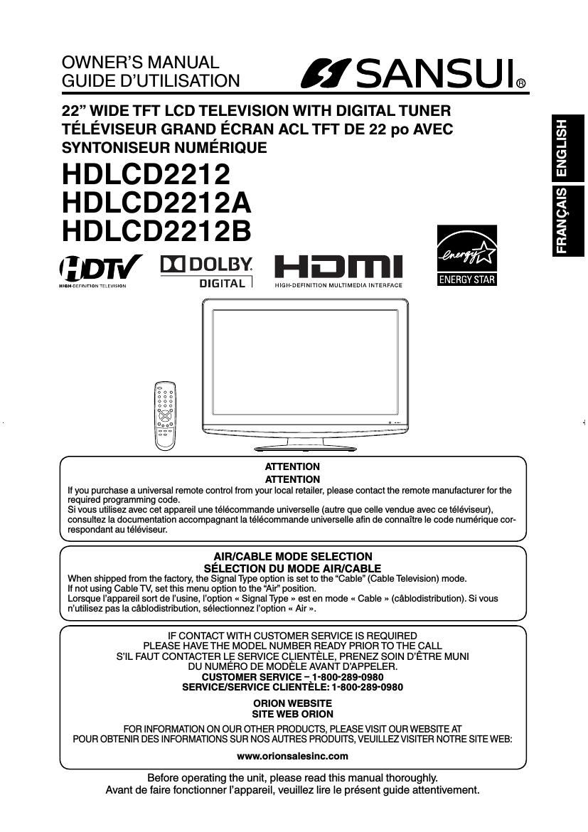 Sansui HD LCD 2212B Owners Manual