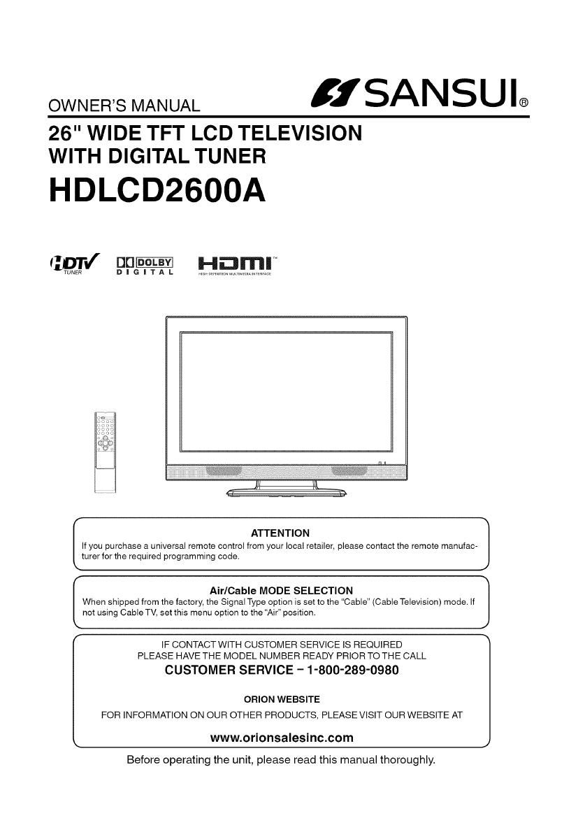 Sansui HD LCD 2600A Owners Manual