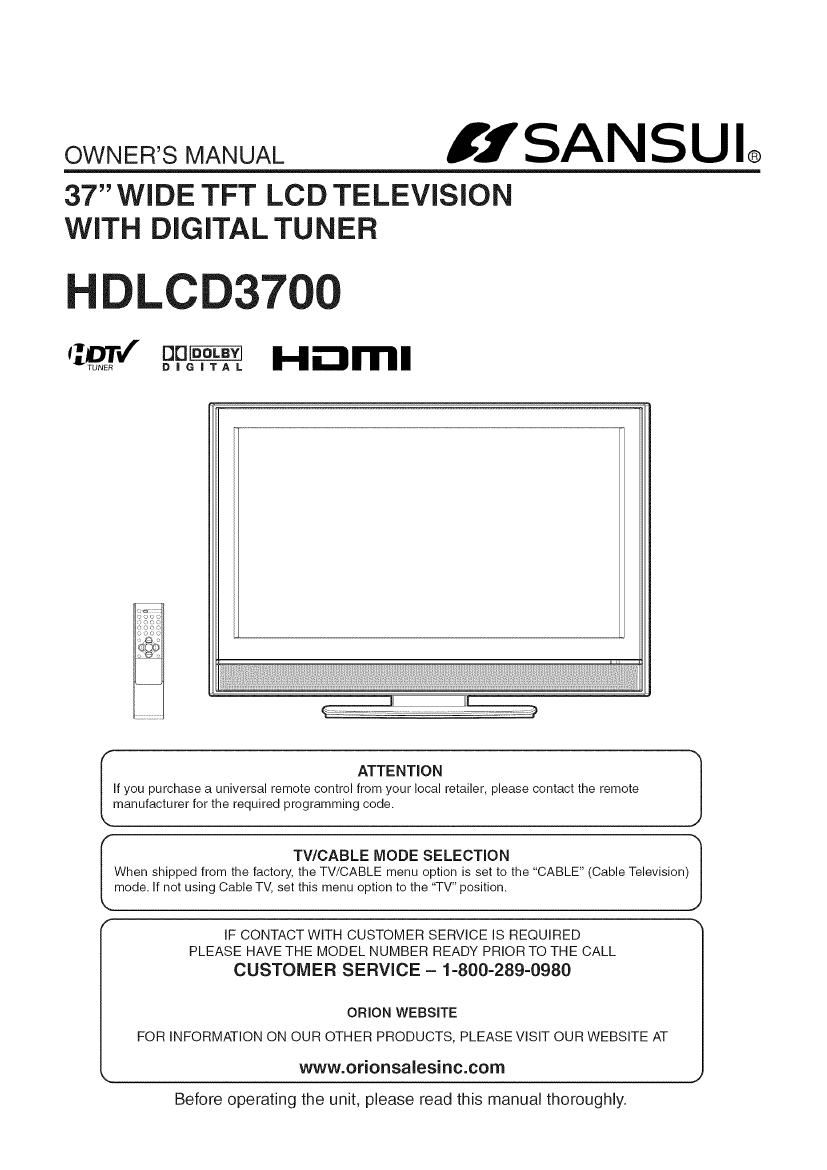Sansui HD LCD 3700 Owners Manual
