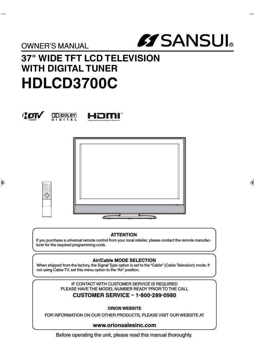 Sansui HD LCD 3700C Owners Manual