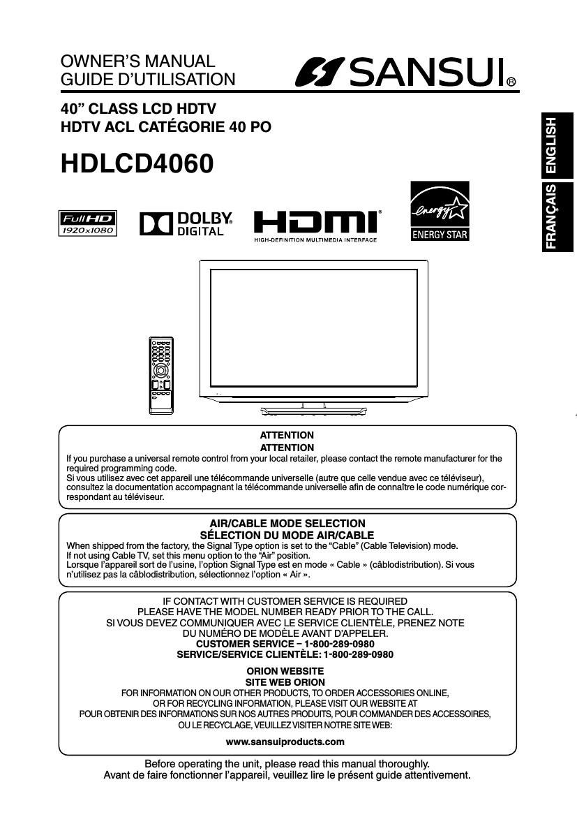 Sansui HD LCD 4060 Owners Manual
