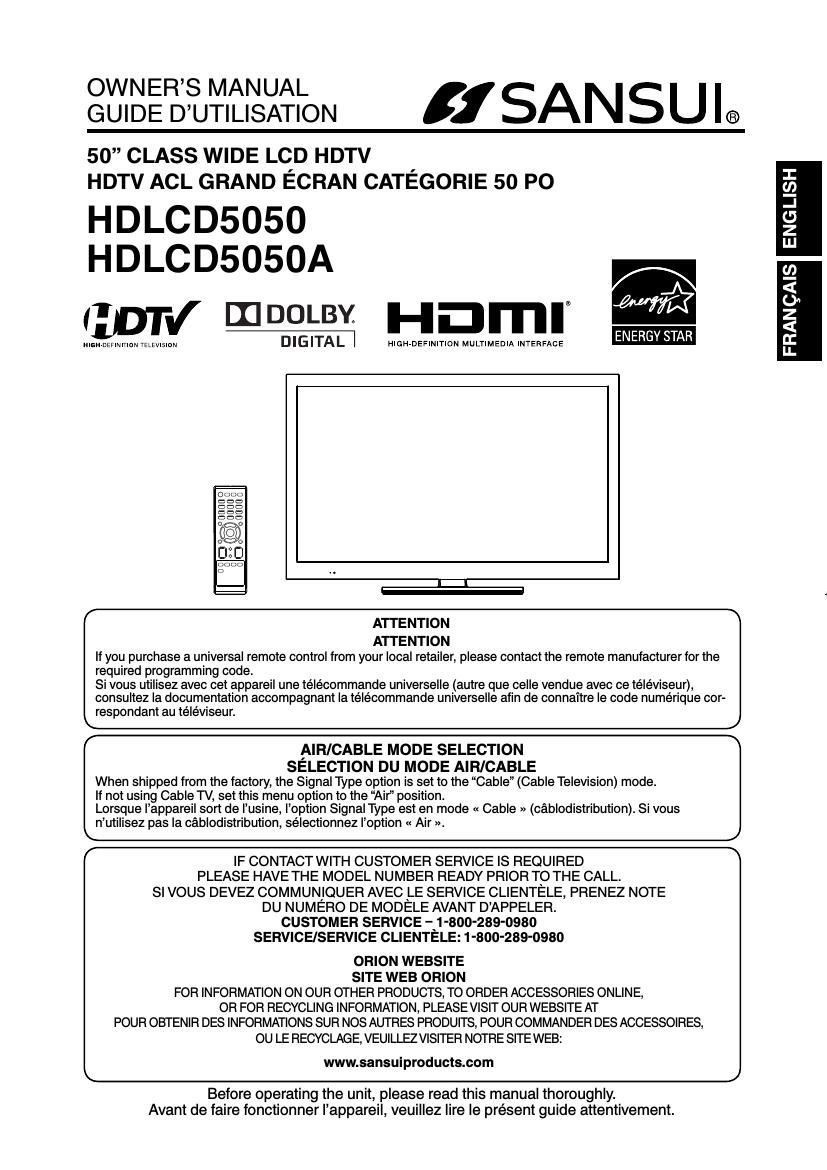 Sansui HD LCD 5050A Owners Manual