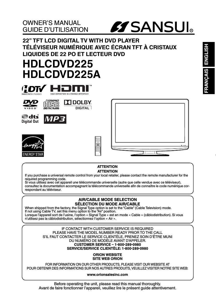 Sansui HD LCD VD225A Owners Manual