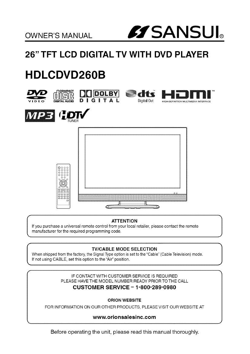 Sansui HD LCD VD260B Owners Manual