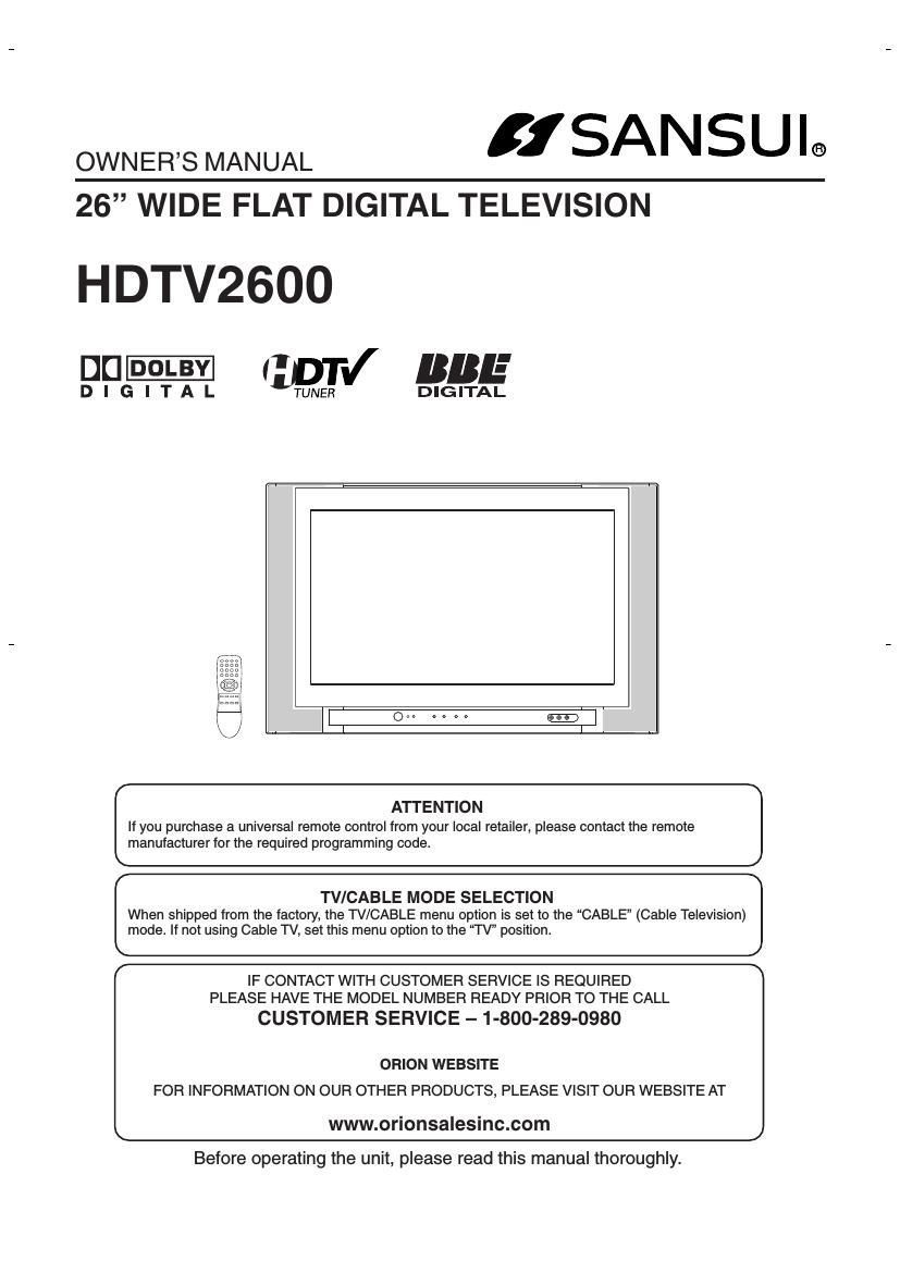 Sansui HD TV2600 Owners Manual