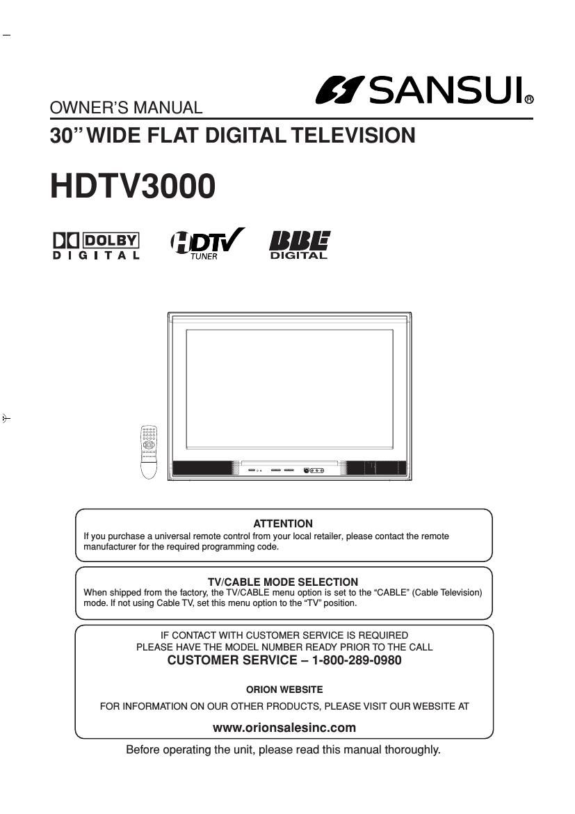 Sansui HD TV3000 Owners Manual