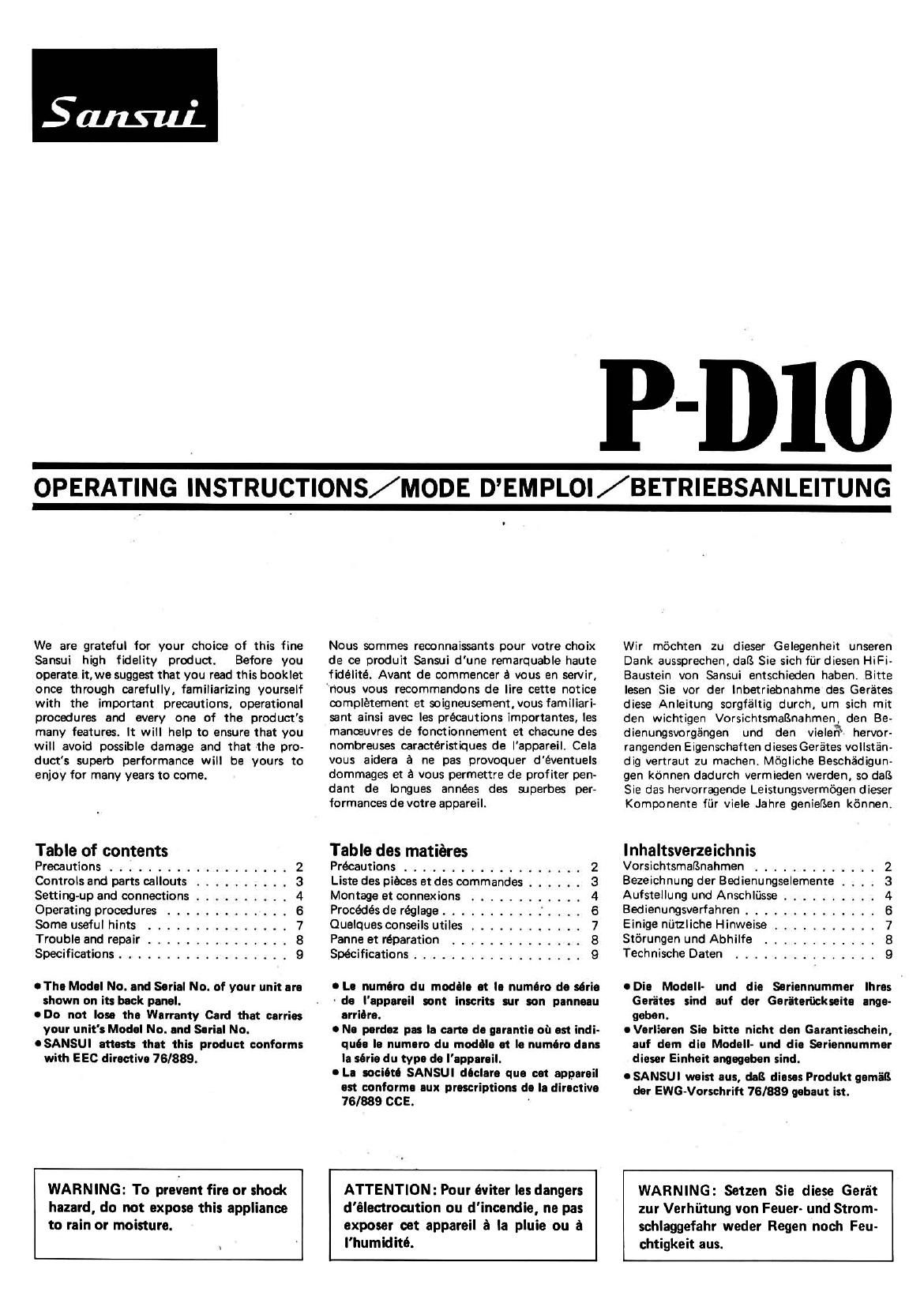 Sansui P D10 Owners Manual