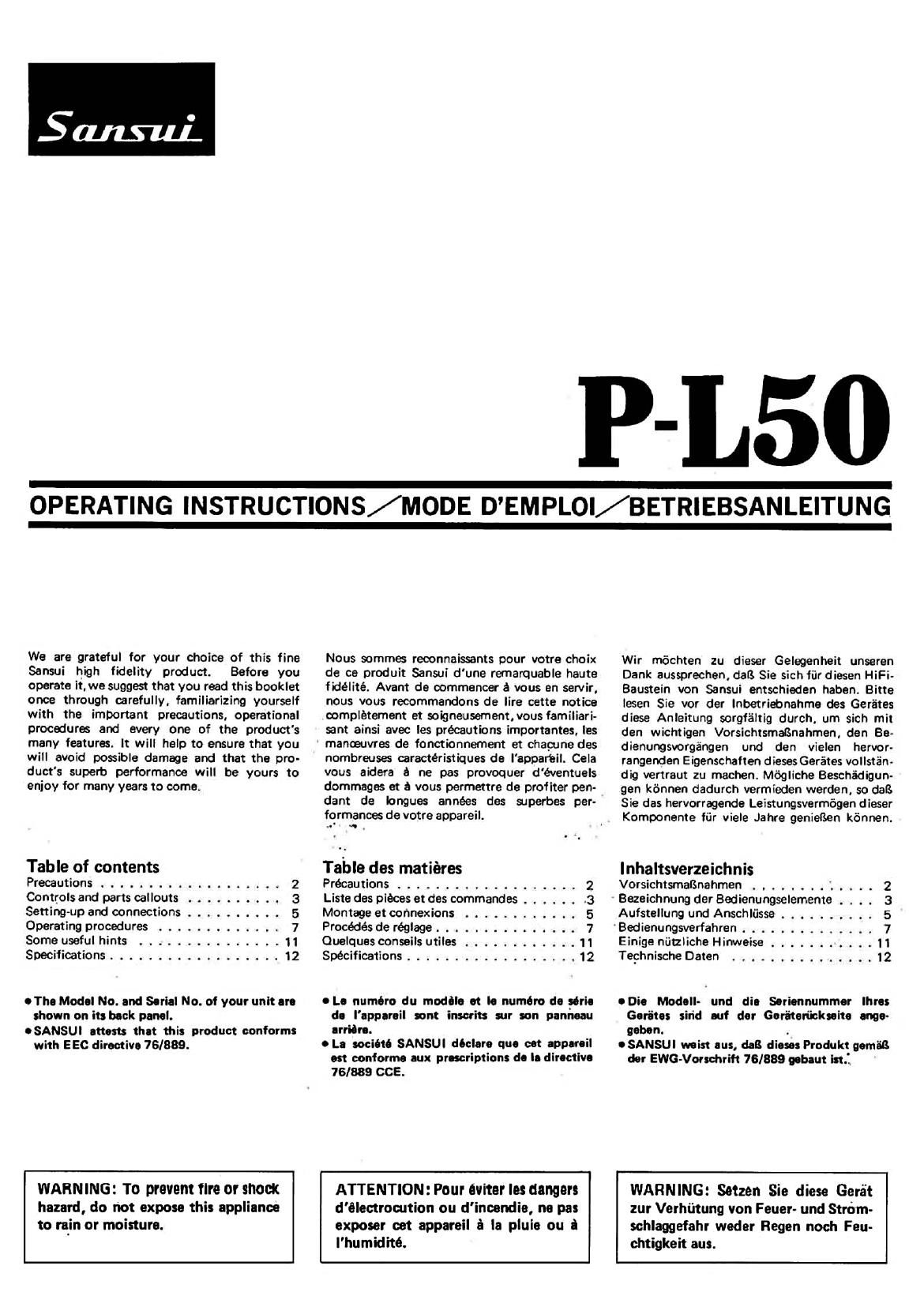 Sansui P L50 Owners Manual