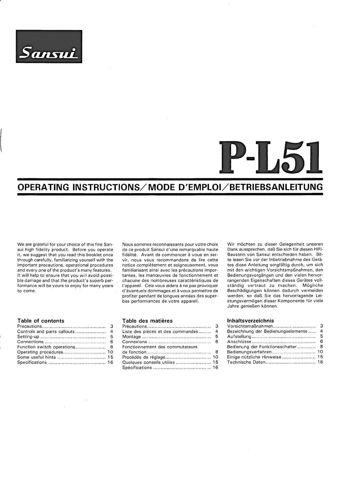 Sansui P L51 Owners Manual