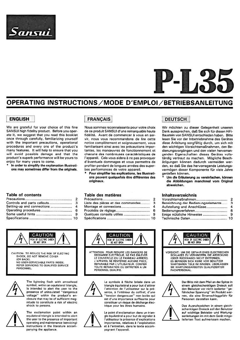 Sansui PL 35 Owners Manual