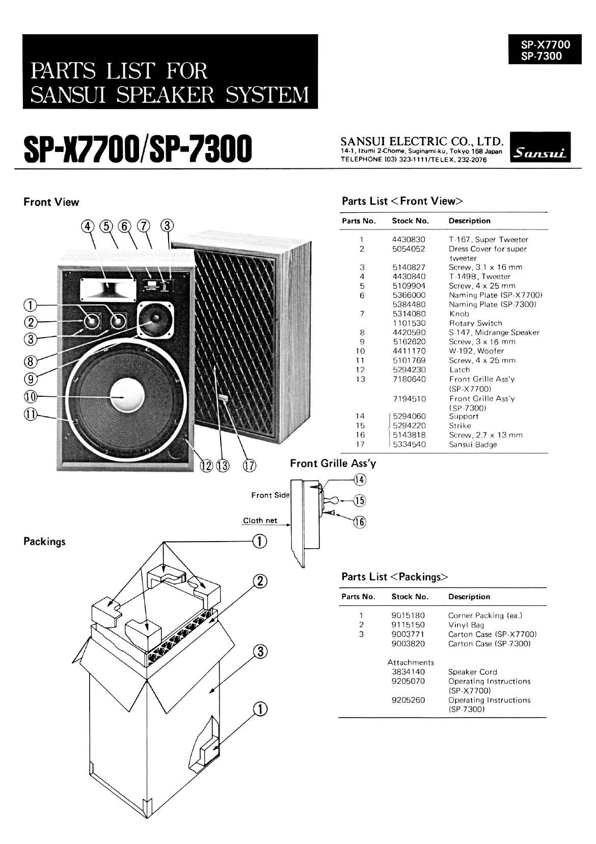 Sansui SP 7300 Service Parts List