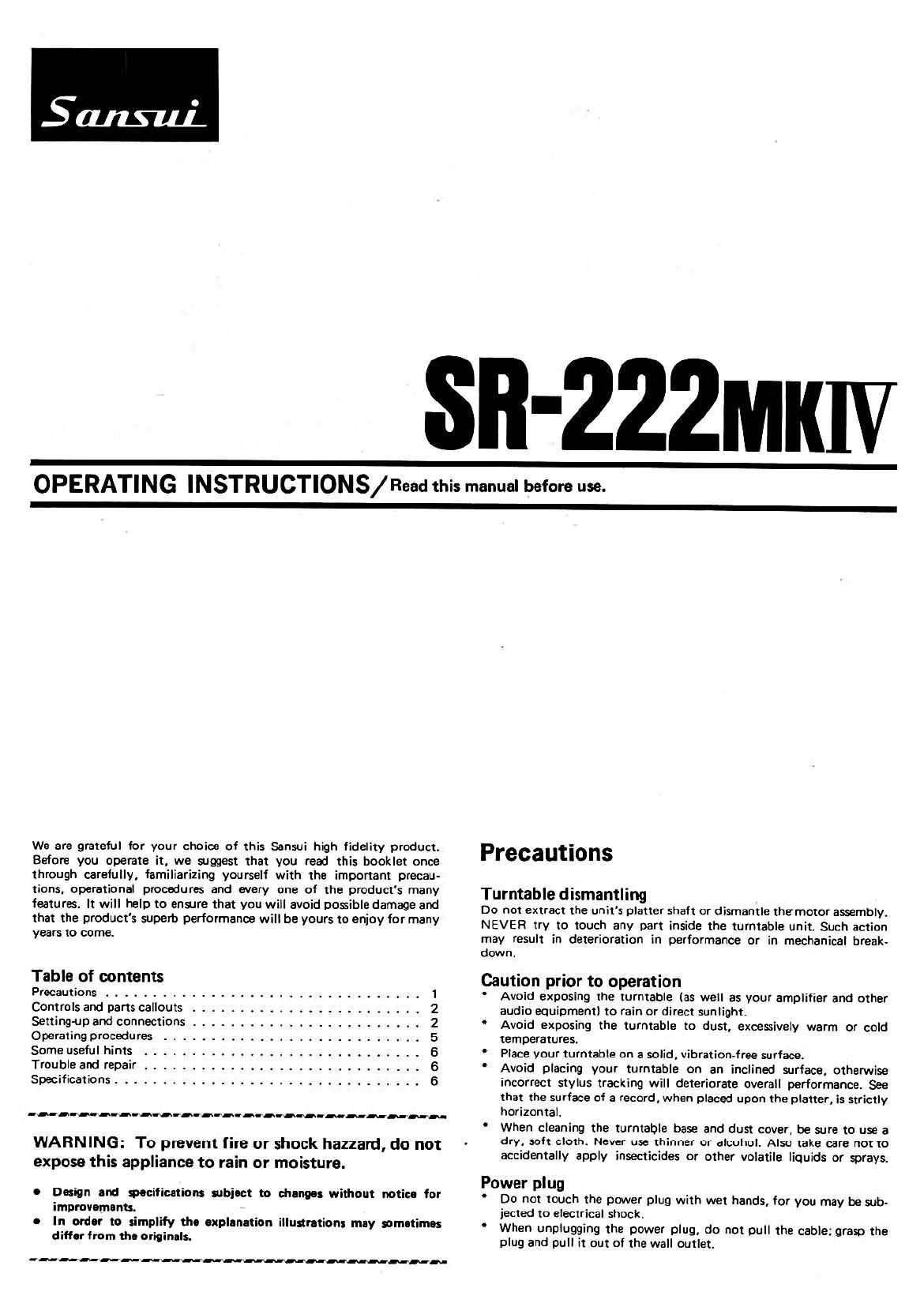 Sansui SR 222 Mk IV Owners Manual