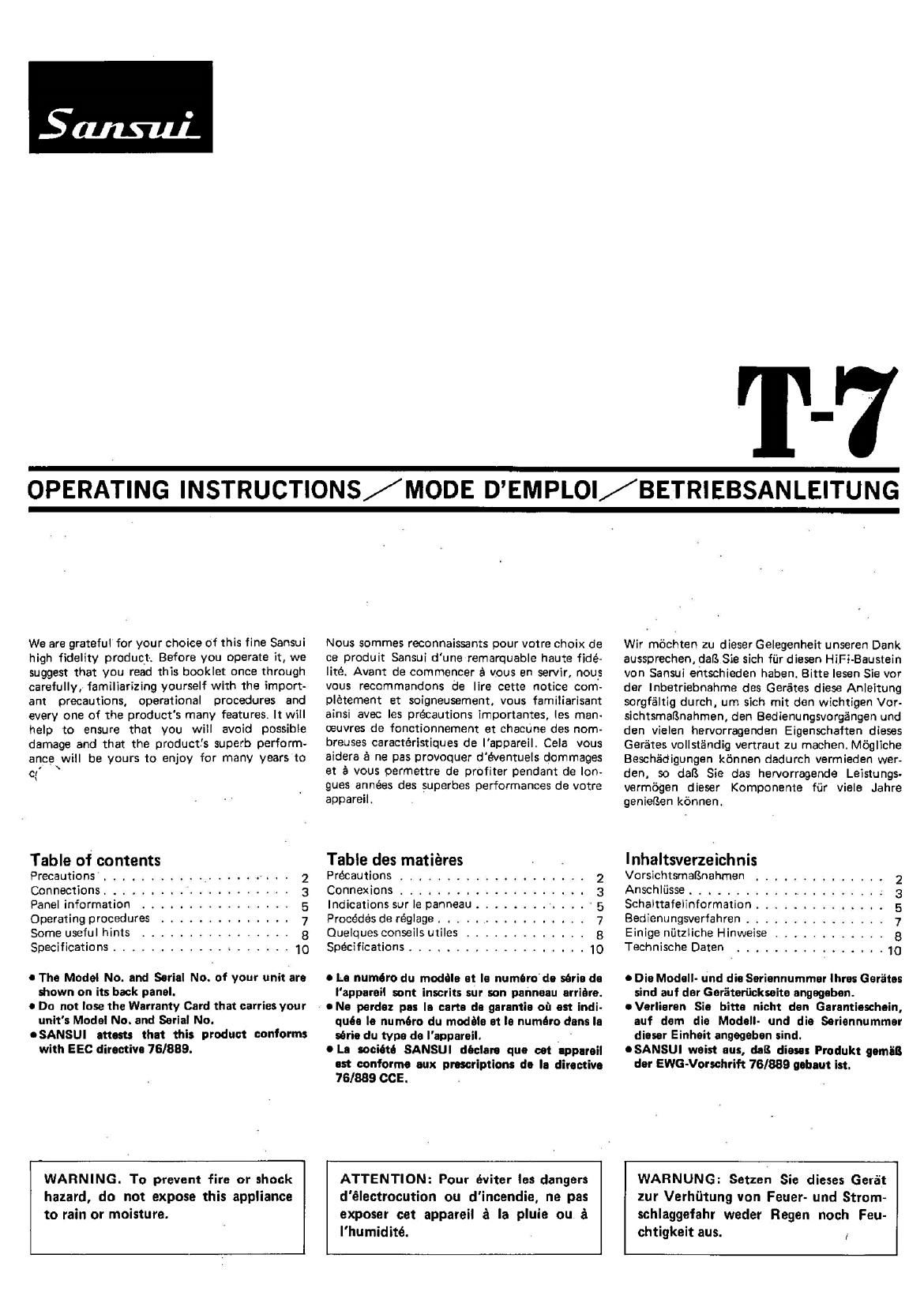 Sansui T7 Owners Manual