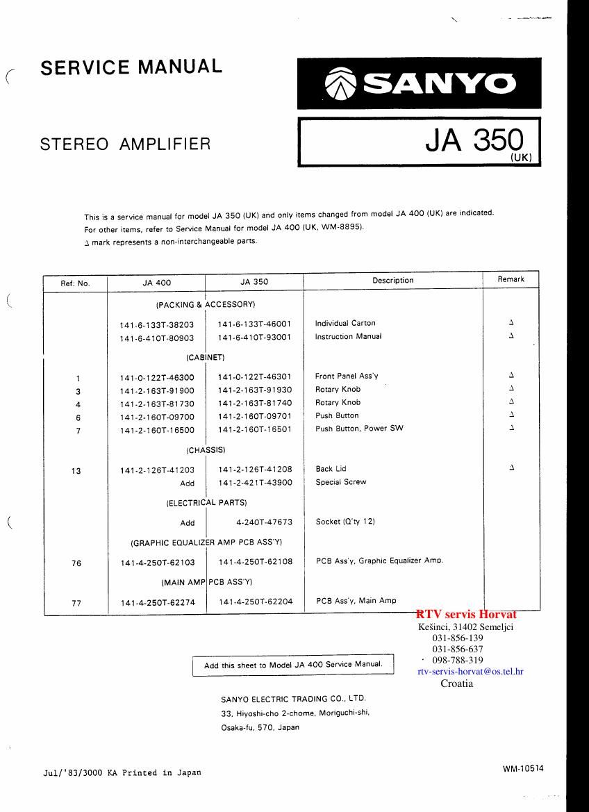 Sanyo JA 350 Service Manual