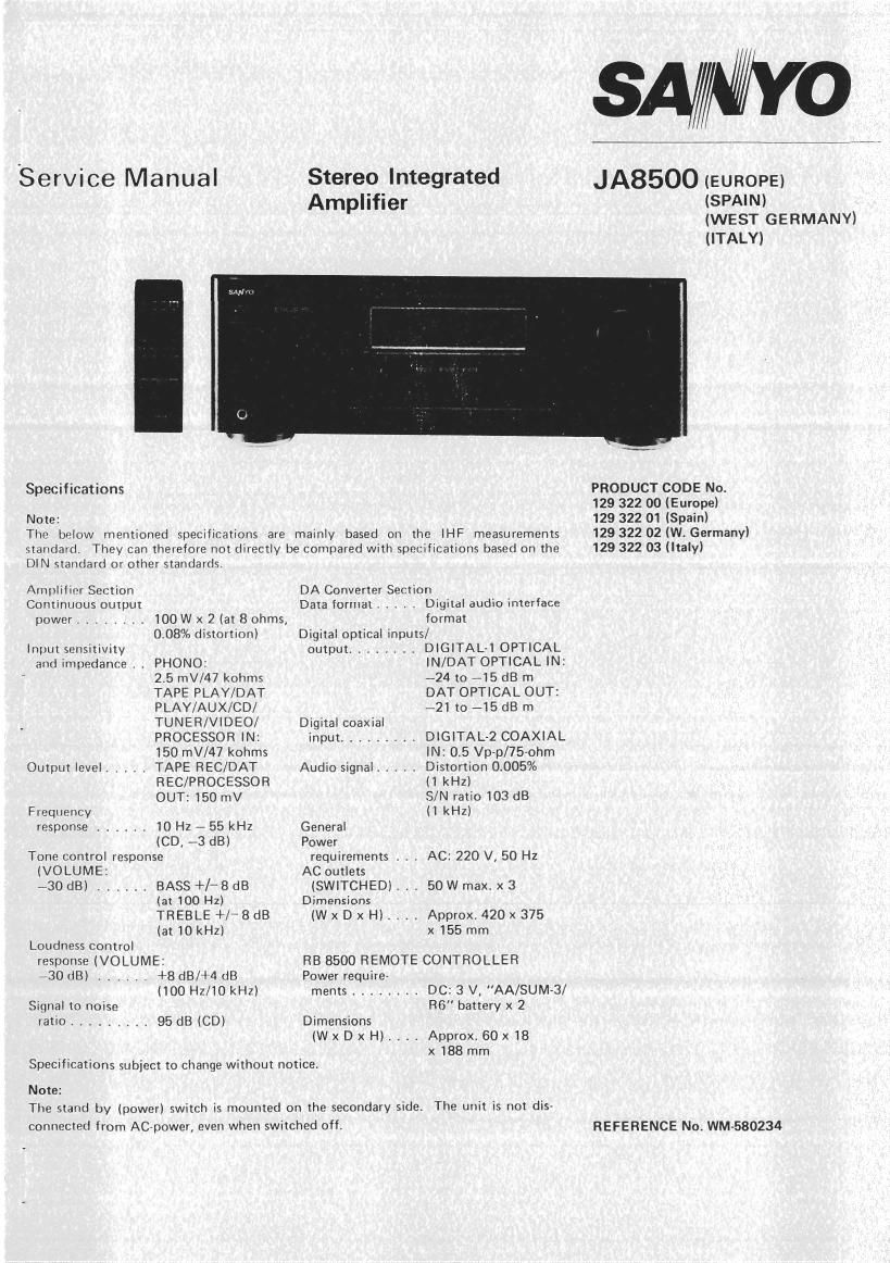 Sanyo JA 8500 Service Manual