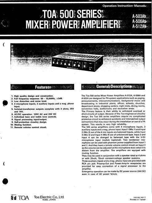 toa a 500 series mixer amp operation manual