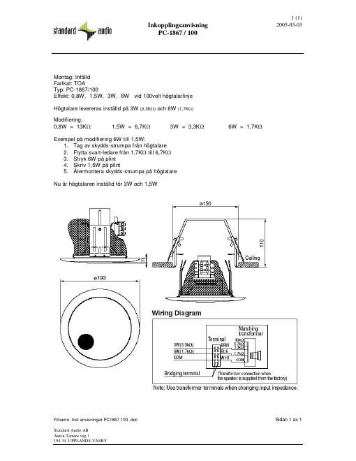 toa pc 1867 100 installation swedish