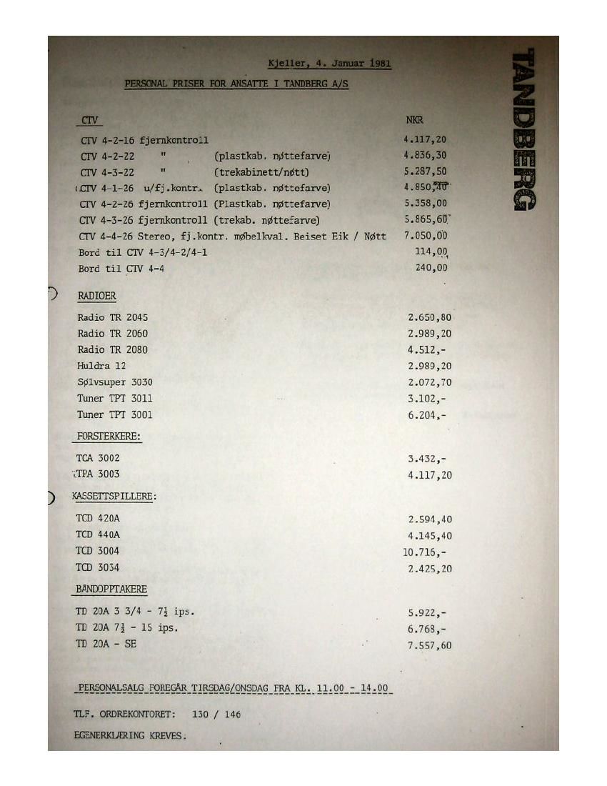 Tandberg Employee pricelist Article