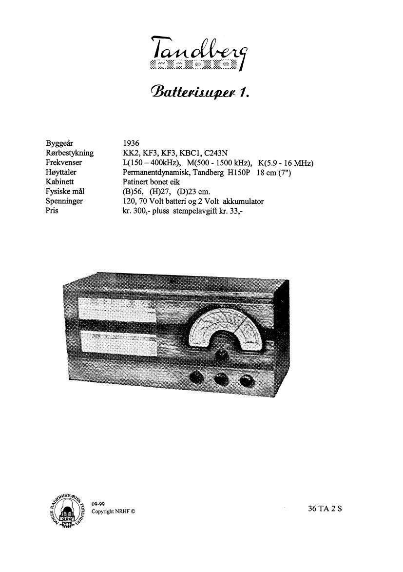 Tandberg BatteriSuper 1 Owners Manual