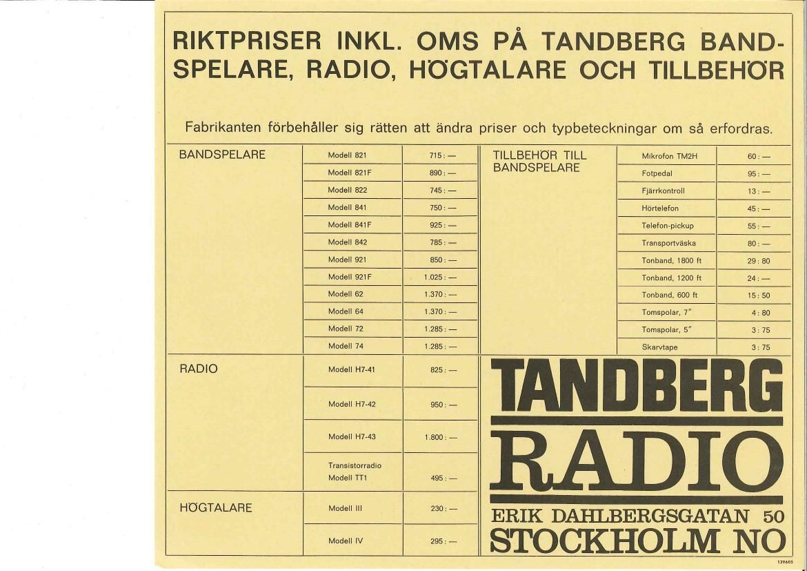 Tandberg Pricelist 1965 Article