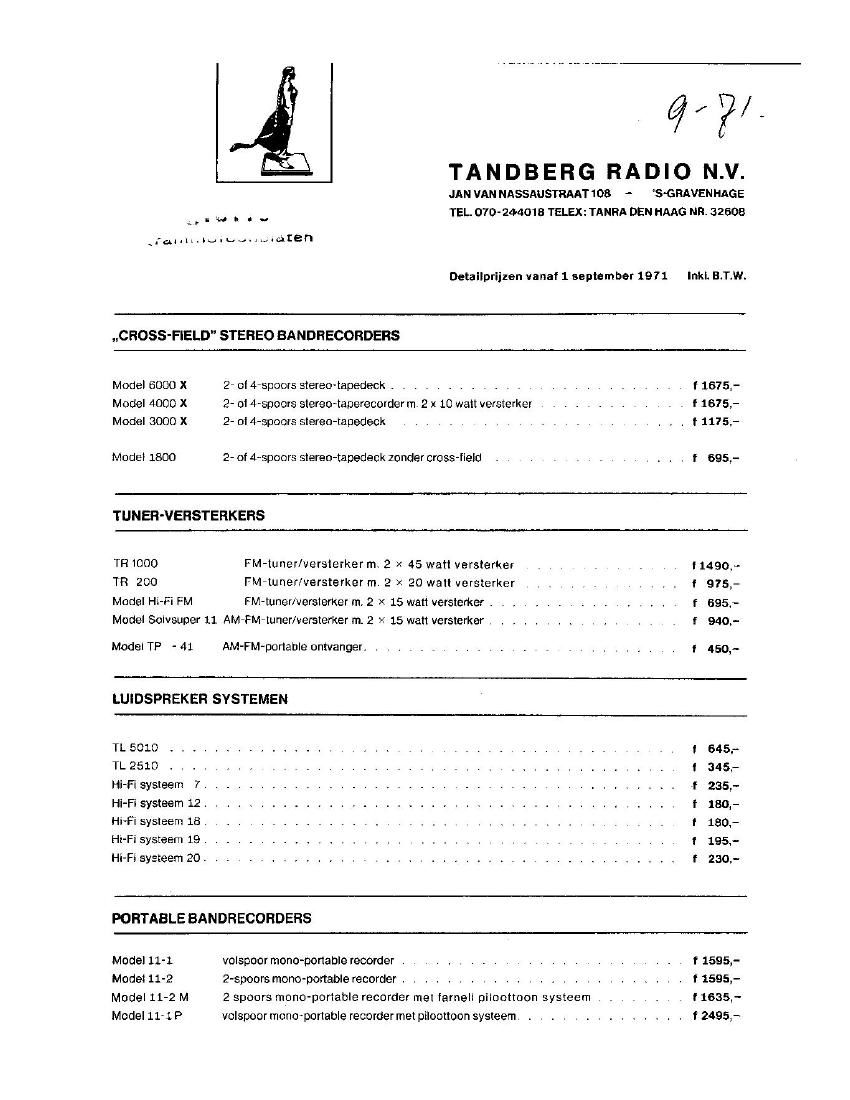 Tandberg Pricelist 1971 Article