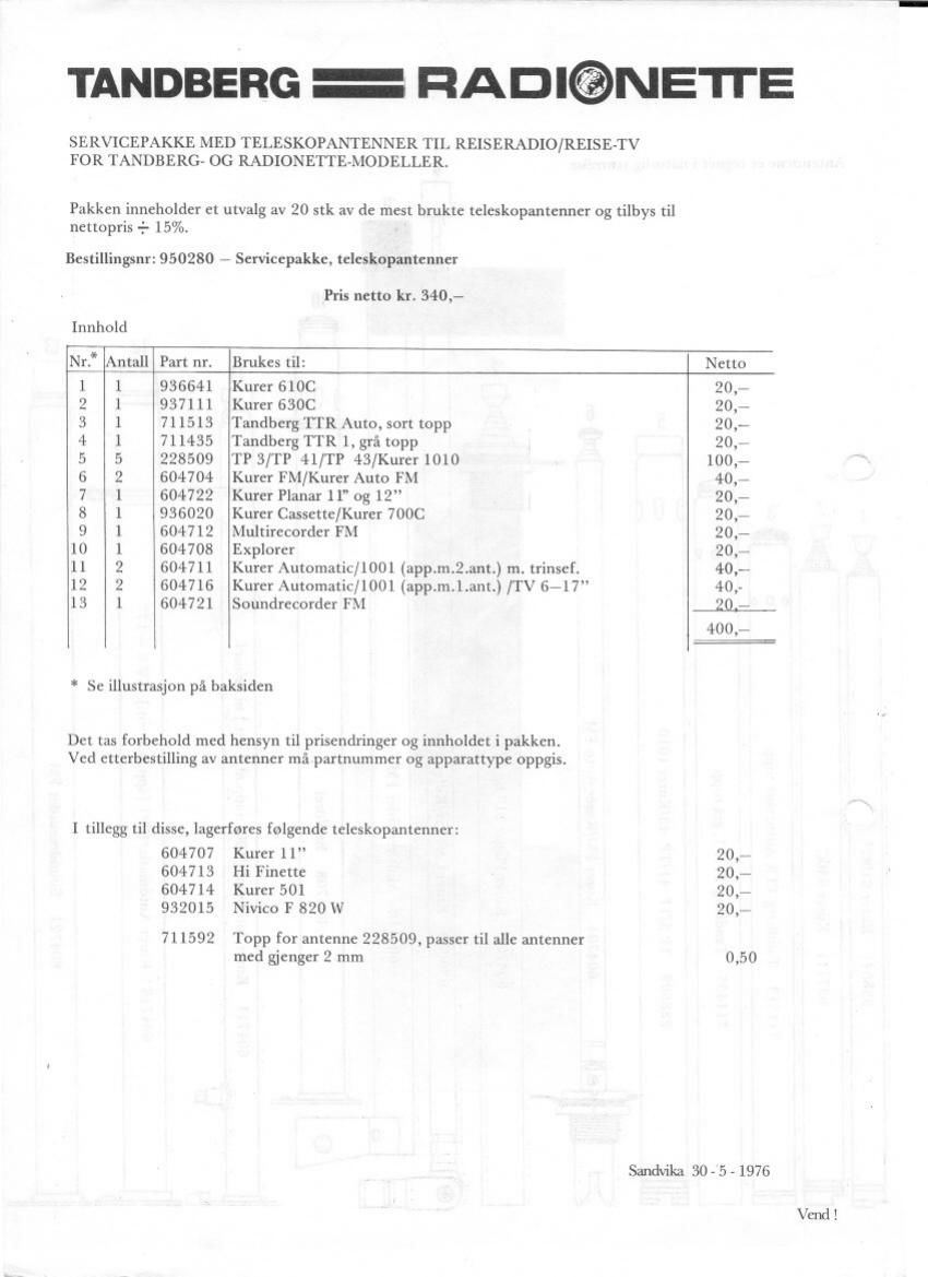 Tandberg Pricelist 1976 Article