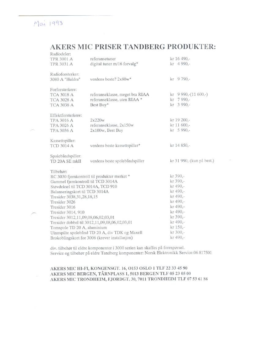 Tandberg Pricelist 1993 Article