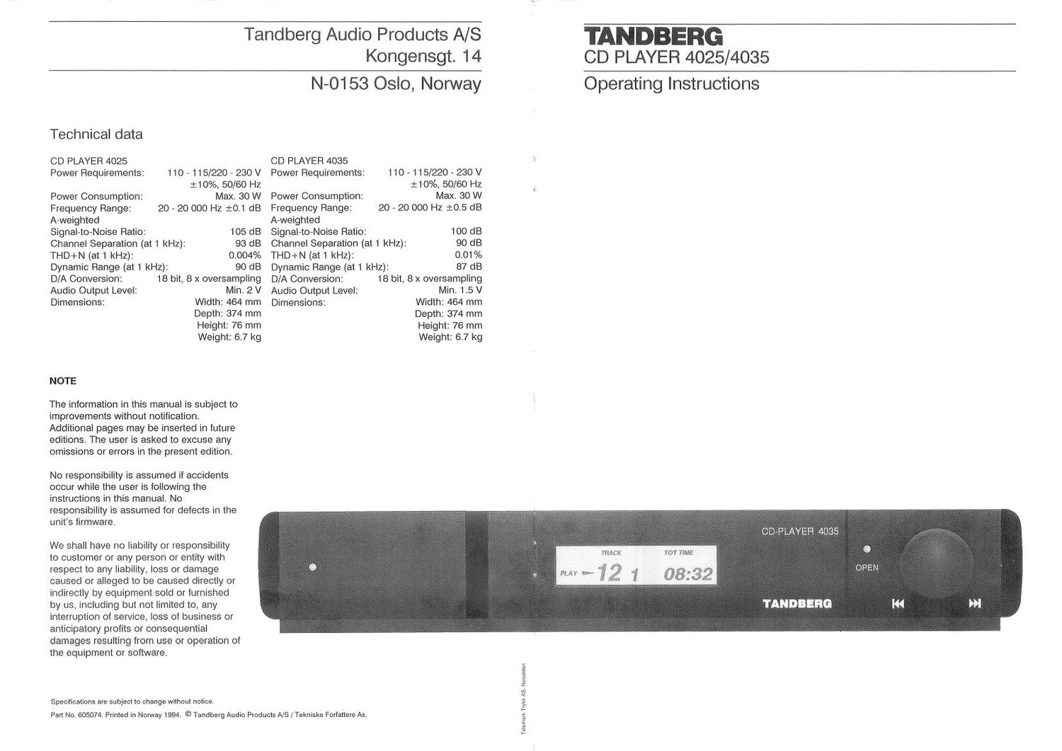 Tandberg TCP 4035 Owners Manual