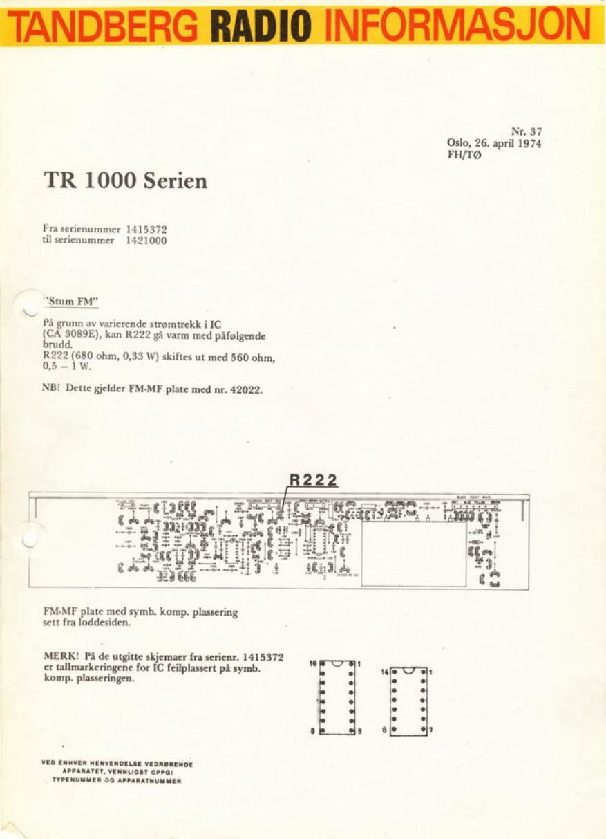 Tandberg TR 1000 Service Information
