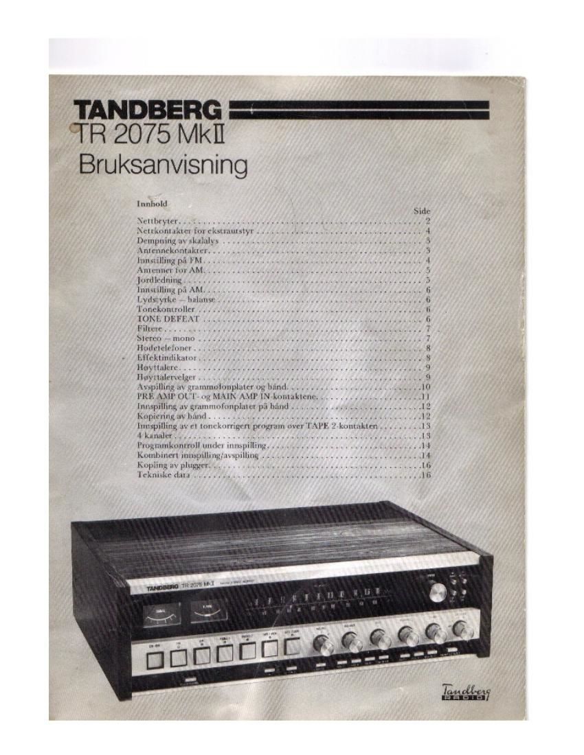 Tandberg TR 2075 Mk2 Owners Manual