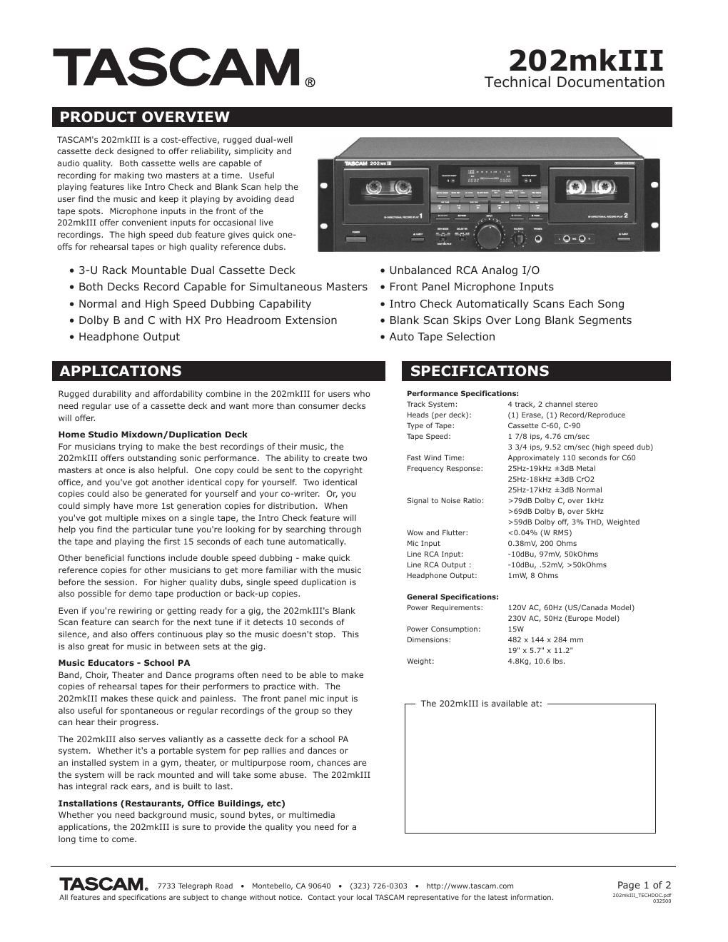 tascam 202 mk3 brochure