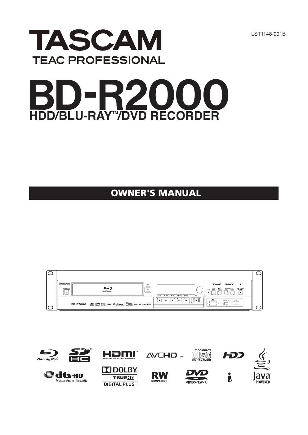 Audio Service Manuals - Free Tascam BD R2000 Owners Manual