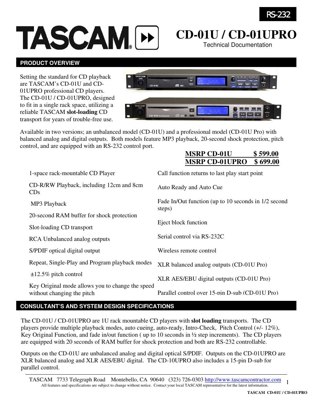 Tascam CD 01U CD 01U Pro Brochure