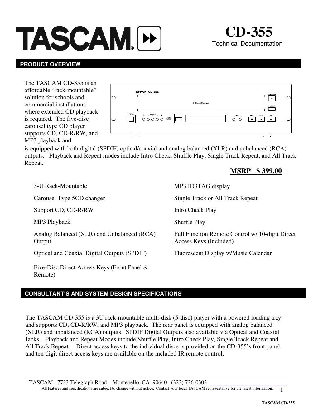 Tascam CD 355 Brochure