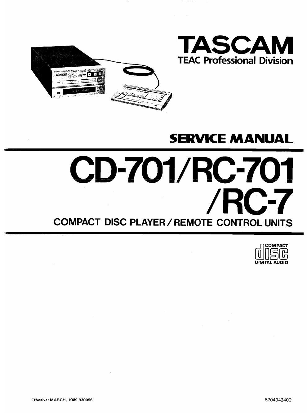Tascam CD 701 RC 701 RC 7 Service Manual
