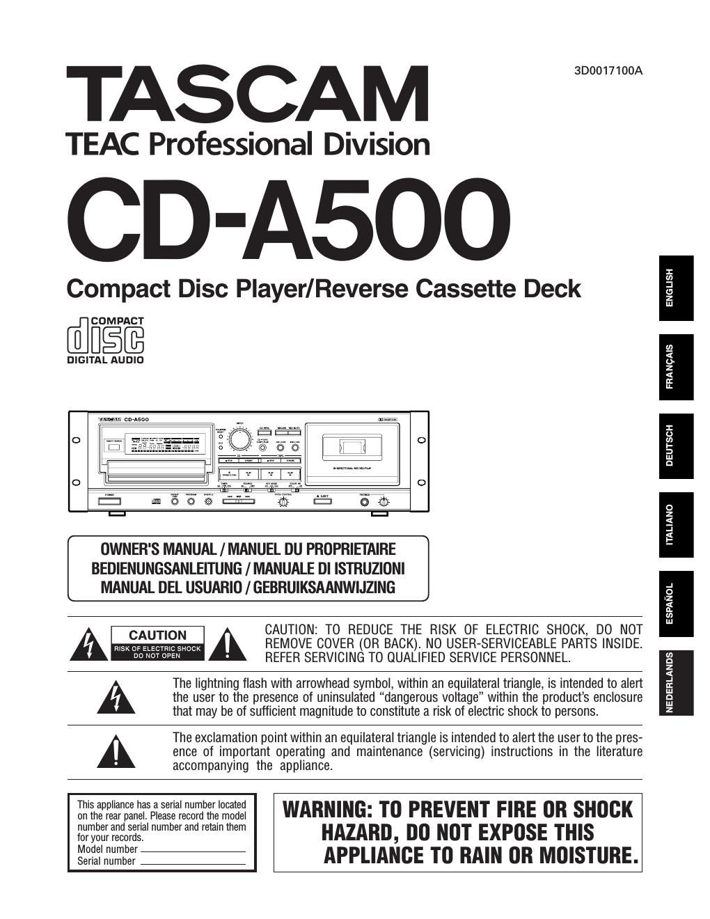 Tascam CD A500 Owners Manual